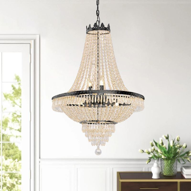 Lampadario a sospensione classico in cristallo stile impero nero 9 luci