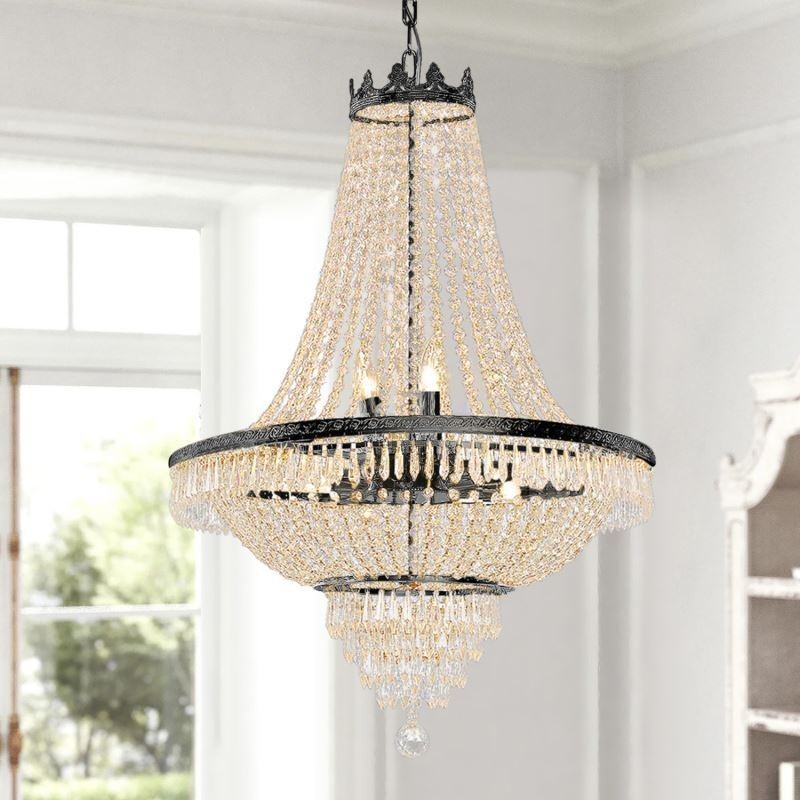 Lampadario a sospensione classico in cristallo stile impero nero 9 luci