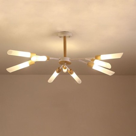 Lampada a sospensione nordica in legno massello, 9/18/24 luci, paralumi in vetro