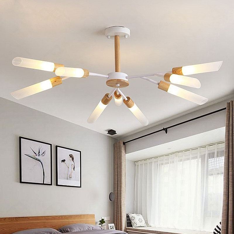 Lampada a sospensione nordica in legno massello, 9/18/24 luci, paralumi in vetro