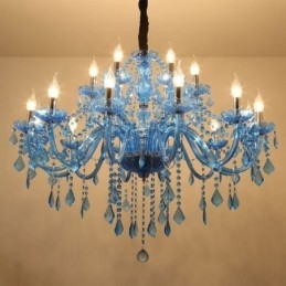 Lampadario a sospensione europeo in cristallo blu, 8+4/10+5/12+6 luci, E12/E14