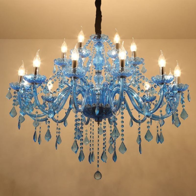 Lampadario a sospensione europeo in cristallo blu, 8+4/10+5/12+6 luci, E12/E14