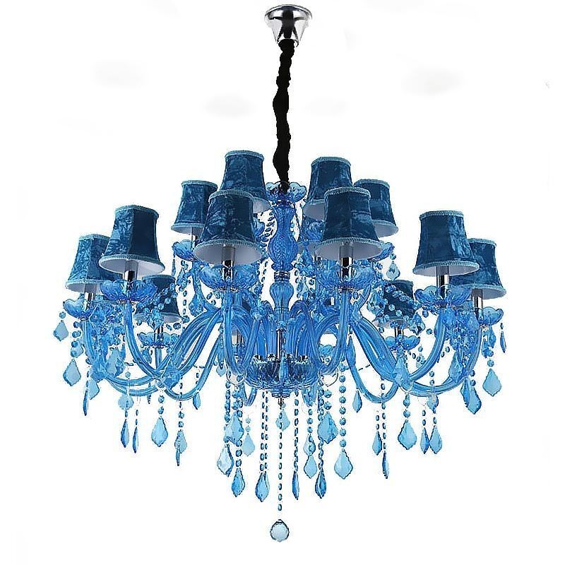 Lampadario a sospensione europeo in cristallo blu, 8+4/10+5/12+6 luci, E12/E14
