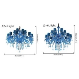 Lampadario a sospensione europeo in cristallo blu, 8+4/10+5/12+6 luci, E12/E14
