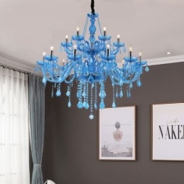 Lampadario a sospensione europeo in cristallo blu, 8+4/10+5/12+6 luci, E12/E14