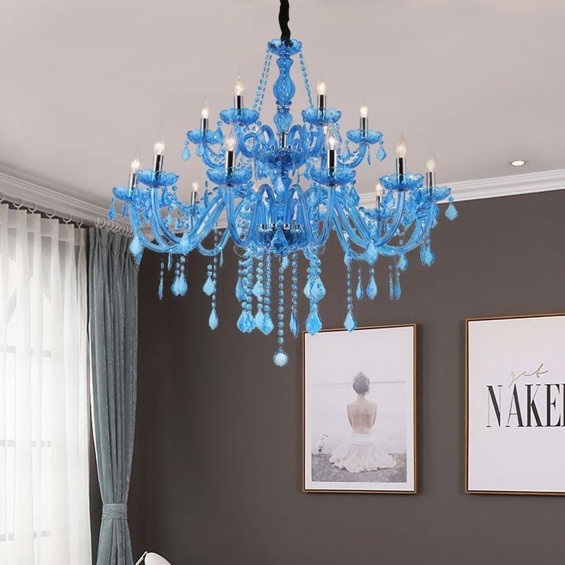 Lampadario a sospensione europeo in cristallo blu, 8+4/10+5/12+6 luci, E12/E14