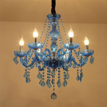 Lampadario a sospensione in cristallo blu stile europeo 6 luci E12/E14
