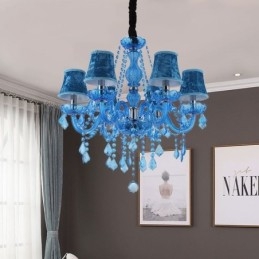 Lampadario a sospensione in cristallo blu stile europeo 6 luci E12/E14