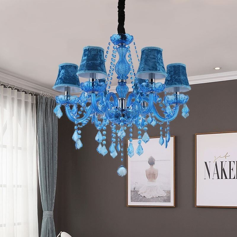 Lampadario a sospensione in cristallo blu stile europeo 6 luci E12/E14