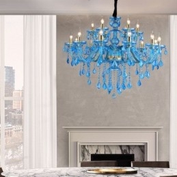 Grande lampadario a sospensione in cristallo blu stile europeo