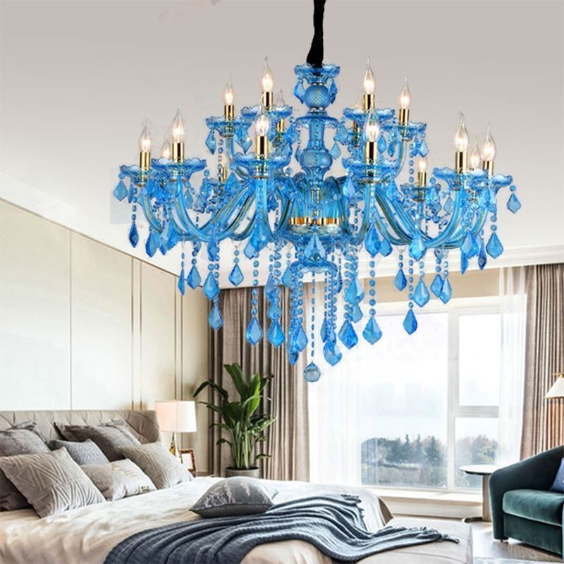 Grande lampadario a sospensione in cristallo blu stile europeo
