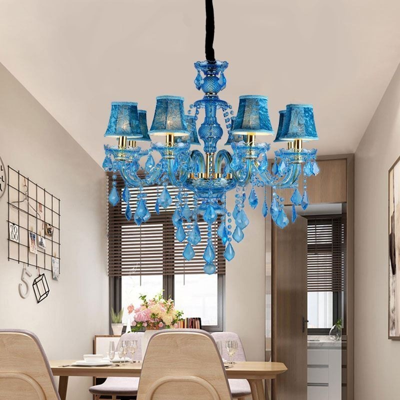 Grande lampadario a sospensione in cristallo blu stile europeo