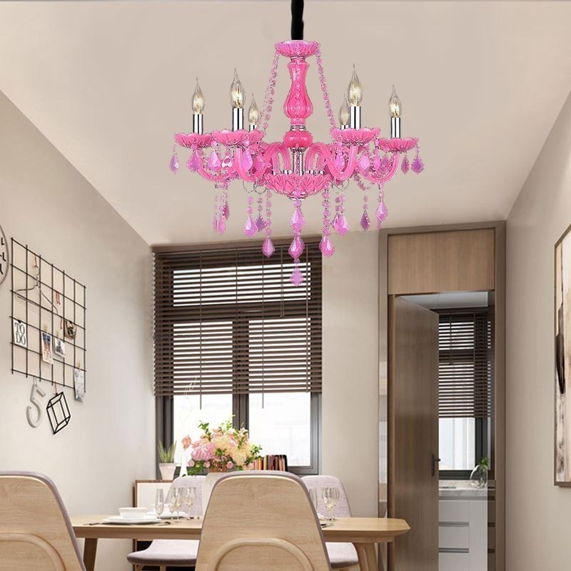 Lampadario a sospensione in cristallo stile europeo rosa romantico E12/E14 6-12 luci