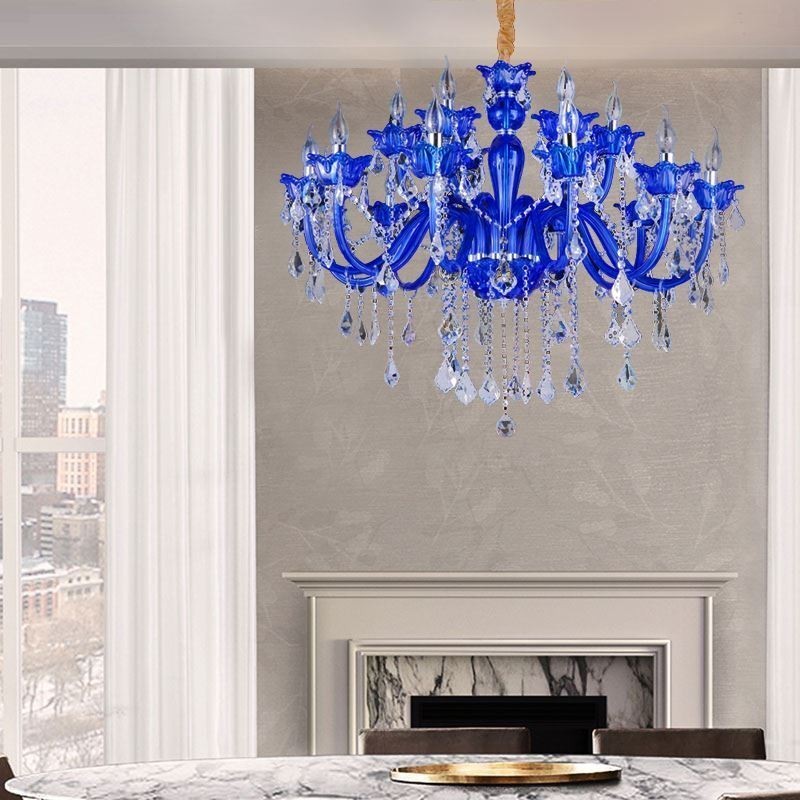 Lampadario a sospensione in cristallo blu stile europeo E12/E14 6/8/10 luci