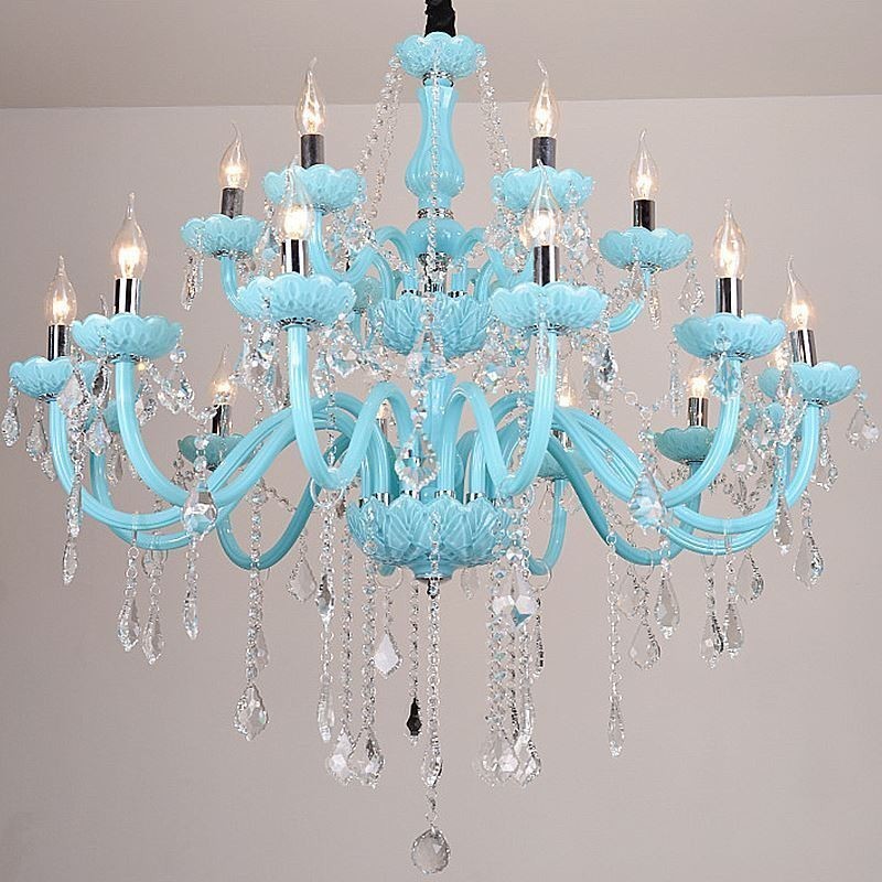 Lampadario a sospensione europeo in cristallo blu, 8+4/10+5/12+6 luci