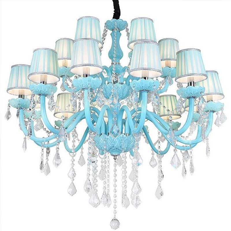 Lampadario a sospensione europeo in cristallo blu, 8+4/10+5/12+6 luci