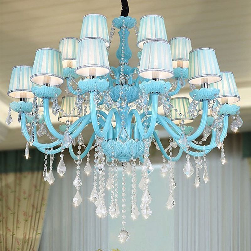 Lampadario a sospensione europeo in cristallo blu, 8+4/10+5/12+6 luci
