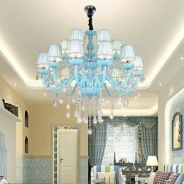 Lampadario a sospensione europeo in cristallo blu, 8+4/10+5/12+6 luci