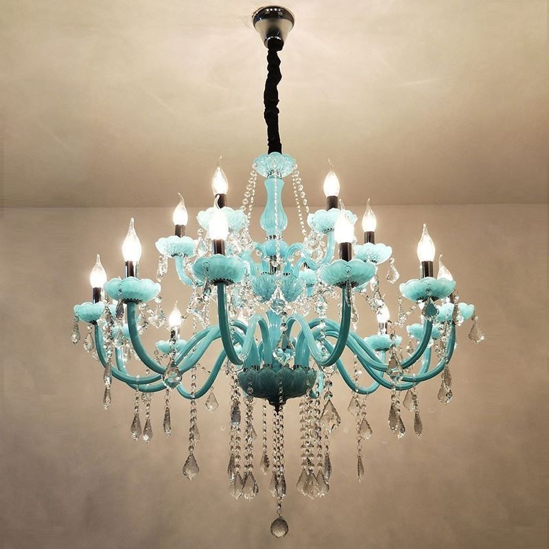 Lampadario a sospensione europeo in cristallo blu, 8+4/10+5/12+6 luci