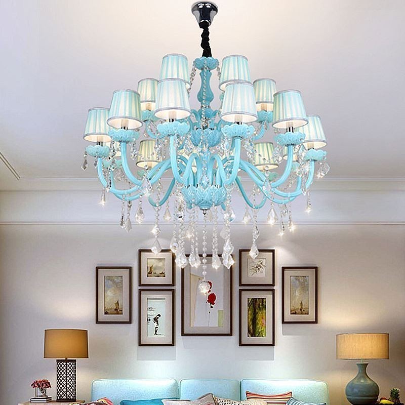 Lampadario a sospensione europeo in cristallo blu, 8+4/10+5/12+6 luci