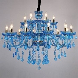 Lampadario a sospensione europeo in cristallo blu con paralume in tessuto