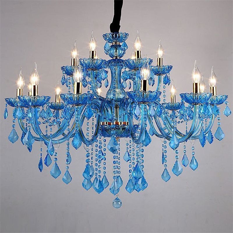 Lampadario a sospensione europeo in cristallo blu con paralume in tessuto