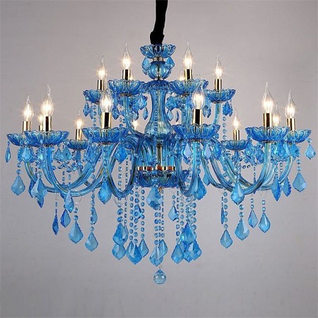 Lampadario a sospensione europeo in cristallo blu con paralume in tessuto