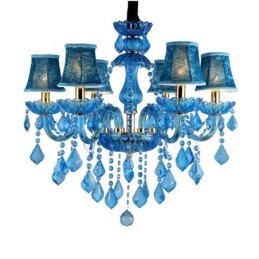 Lampadario a sospensione europeo in cristallo blu con paralume in tessuto