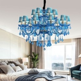 Lampadario a sospensione europeo in cristallo blu con paralume in tessuto