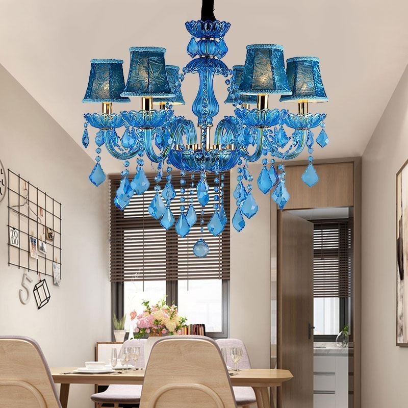 Lampadario a sospensione europeo in cristallo blu con paralume in tessuto