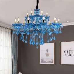 Lampadario a sospensione europeo in cristallo blu con paralume in tessuto