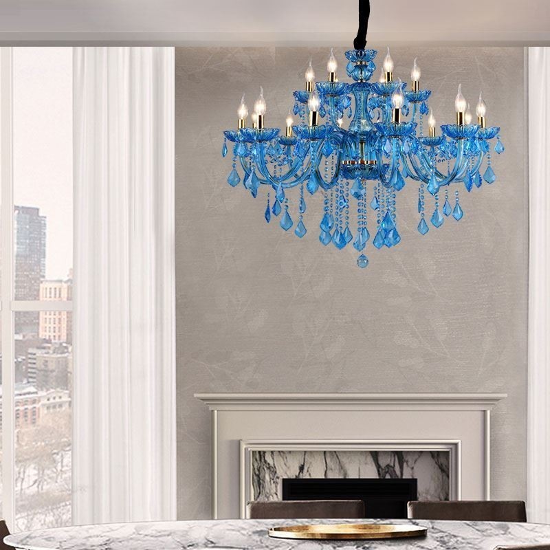 Lampadario a sospensione europeo in cristallo blu con paralume in tessuto