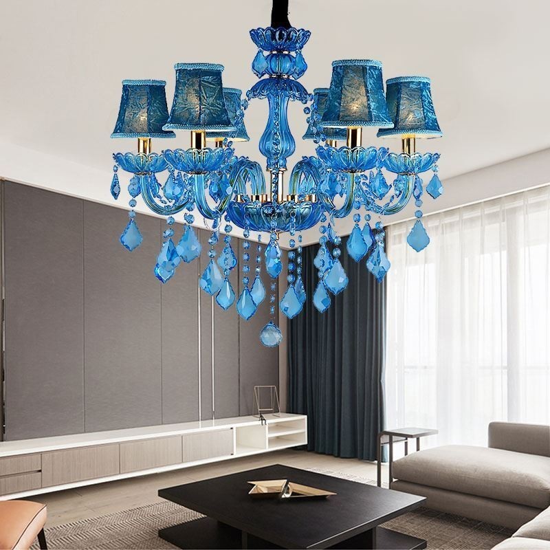 Lampadario a sospensione europeo in cristallo blu con paralume in tessuto