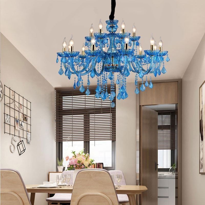 Lampadario a sospensione europeo in cristallo blu con paralume in tessuto