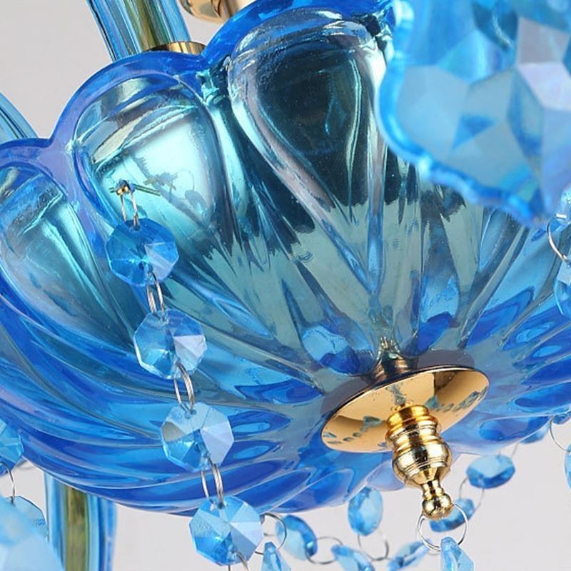Lampadario a sospensione europeo in cristallo blu con paralume in tessuto