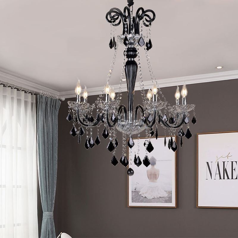 Lampadario sospensione in cristallo nero stile vintage europeo