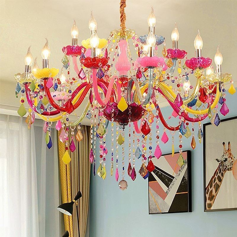 Lampadario europeo colorato in vetro e cristallo con paralume in tessuto, 12/15/18 luci