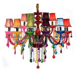 Lampadario europeo colorato in vetro e cristallo con paralume in tessuto, 12/15/18 luci
