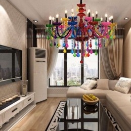Lampadario europeo colorato in vetro e cristallo con paralume in tessuto, 12/15/18 luci