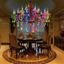 Lampadario europeo colorato in vetro e cristallo con paralume in tessuto, 12/15/18 luci