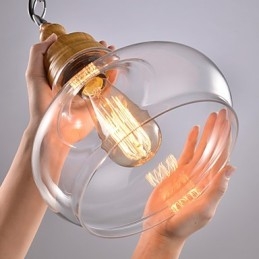 Lampada a sospensione moderna 1 luce in legno/bambù e vetro regolabile