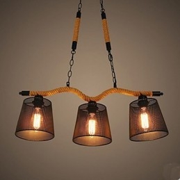 Lampadario rustico retrò a 3 luci in corda, nero e marrone