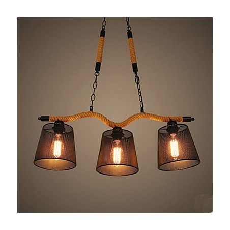 Lampadario rustico retrò a 3 luci in corda, nero e marrone