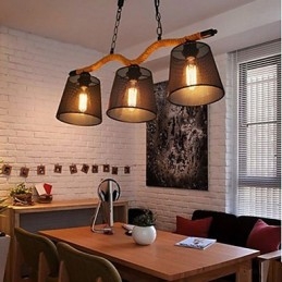 Lampadario rustico retrò a 3 luci in corda, nero e marrone
