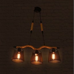 Lampadario rustico retrò a 3 luci in corda, nero e marrone