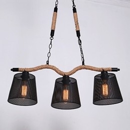 Lampadario rustico retrò a 3 luci in corda, nero e marrone