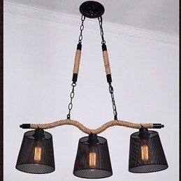 Lampadario rustico retrò a 3 luci in corda, nero e marrone