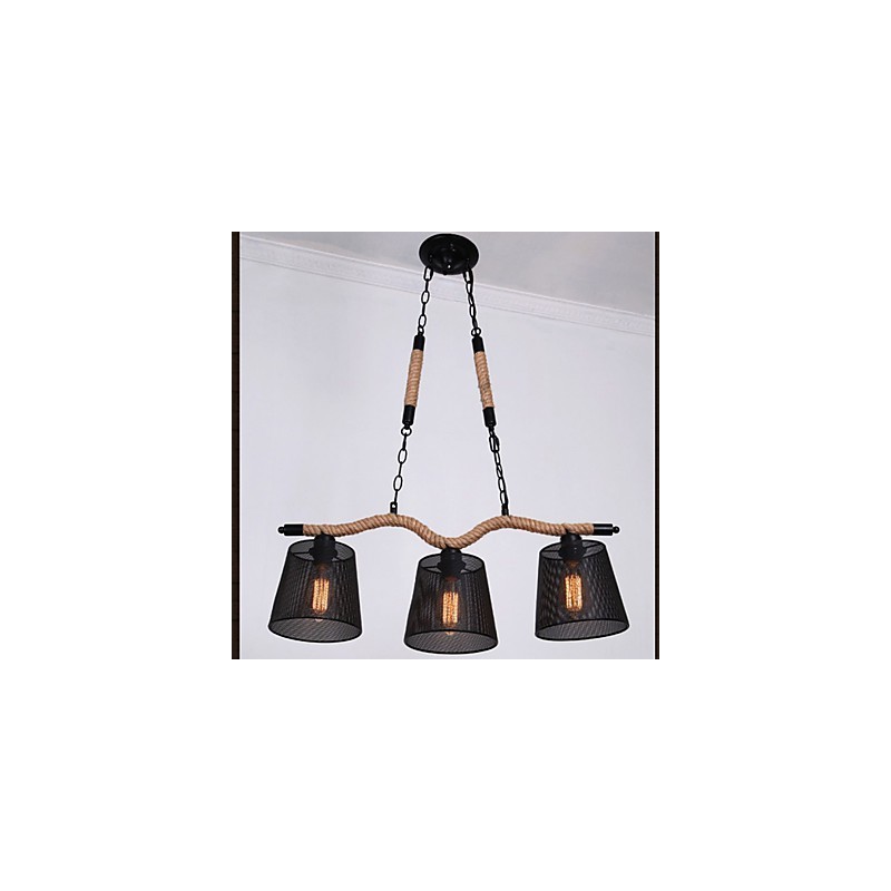 Lampadario rustico retrò a 3 luci in corda, nero e marrone