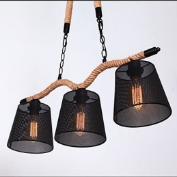 Lampadario rustico retrò a 3 luci in corda, nero e marrone