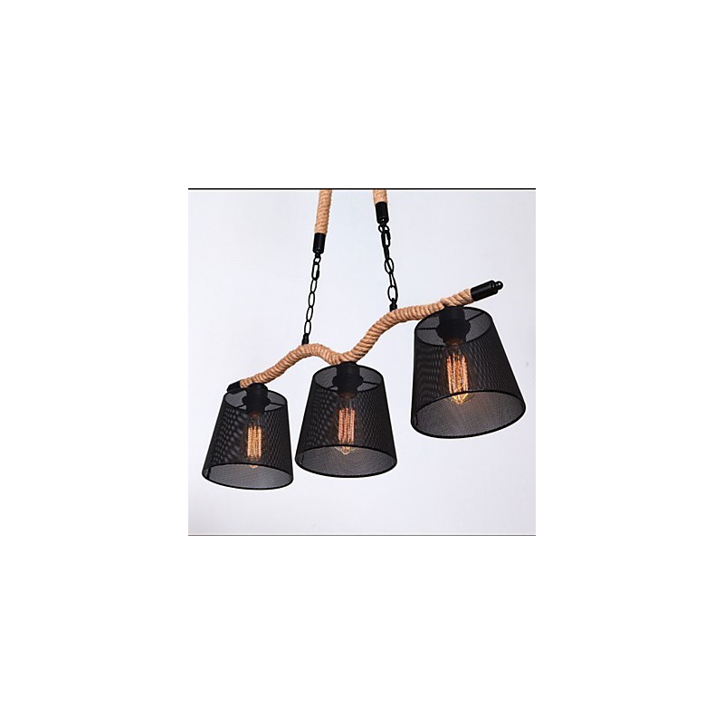 Lampadario rustico retrò a 3 luci in corda, nero e marrone